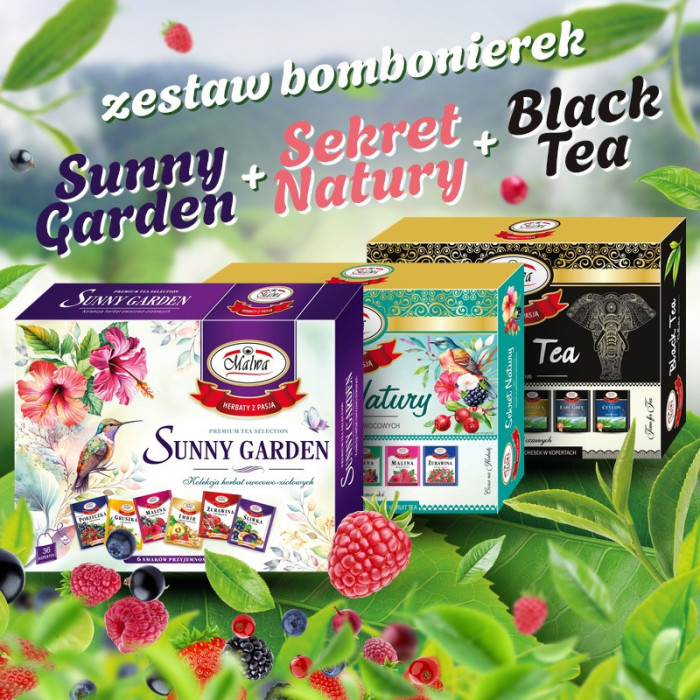Zestaw Sunny Garden + Sekret Natury + Black Tea – Herbaty Malwa – 96 torebek