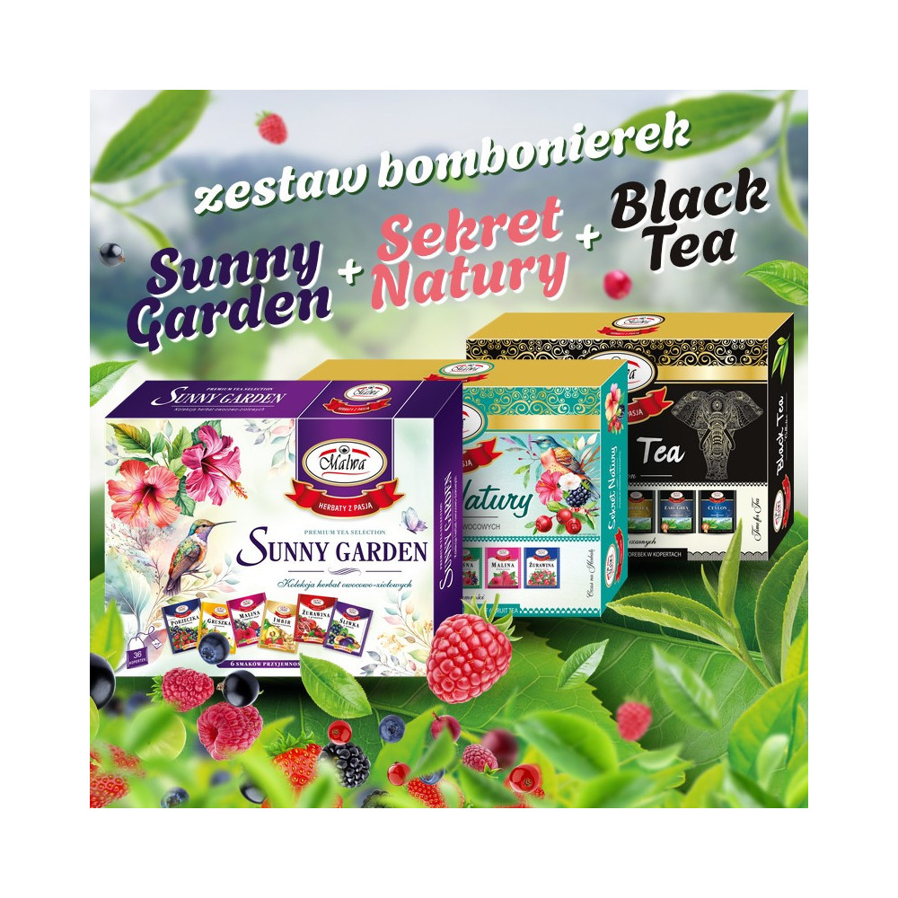 Zestaw Sunny Garden + Sekret Natury + Black Tea – Herbaty Malwa – 96 torebek