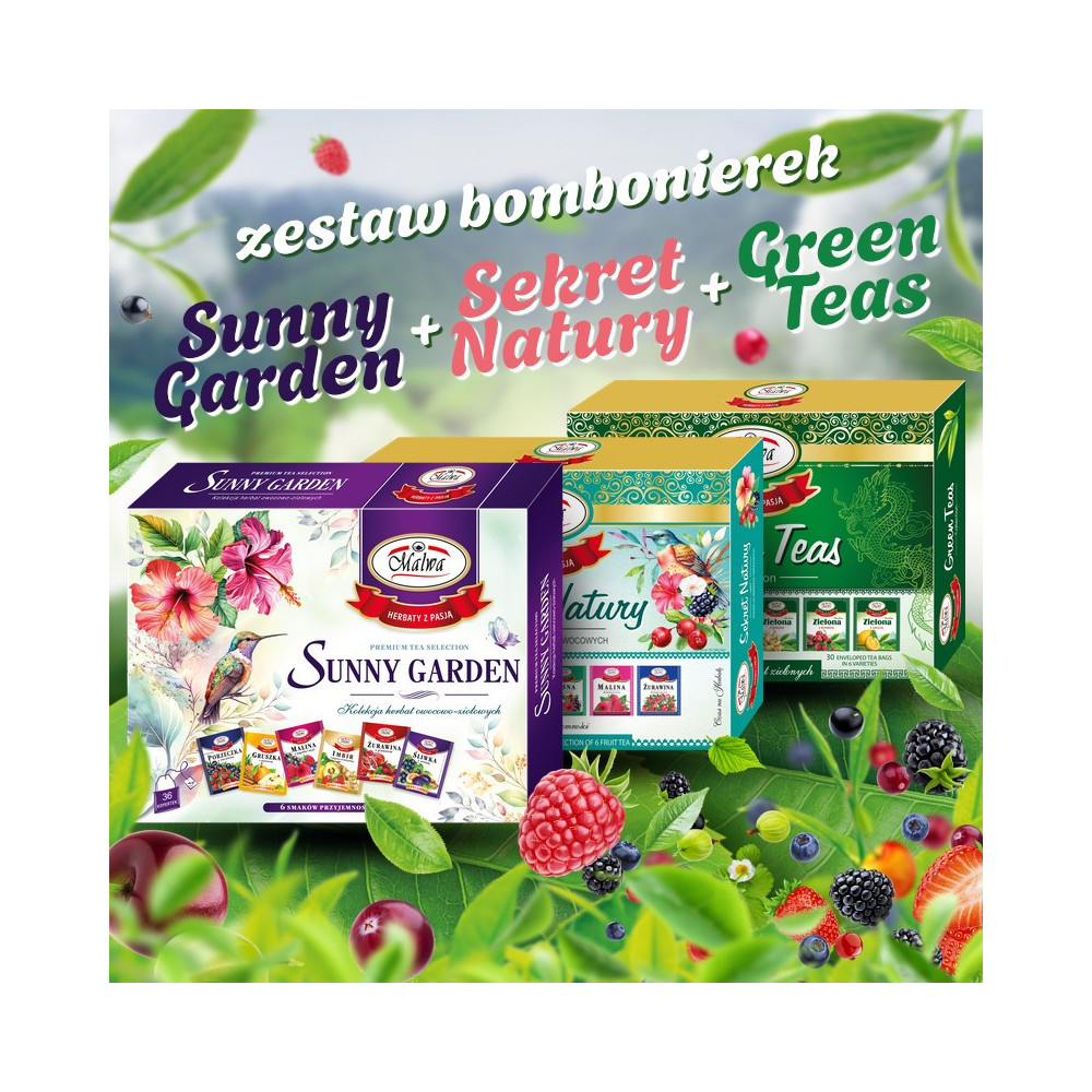 Zestaw Sunny Garden + Sekret Natury + Green Teas – herbaty Malwa – 96 torebek